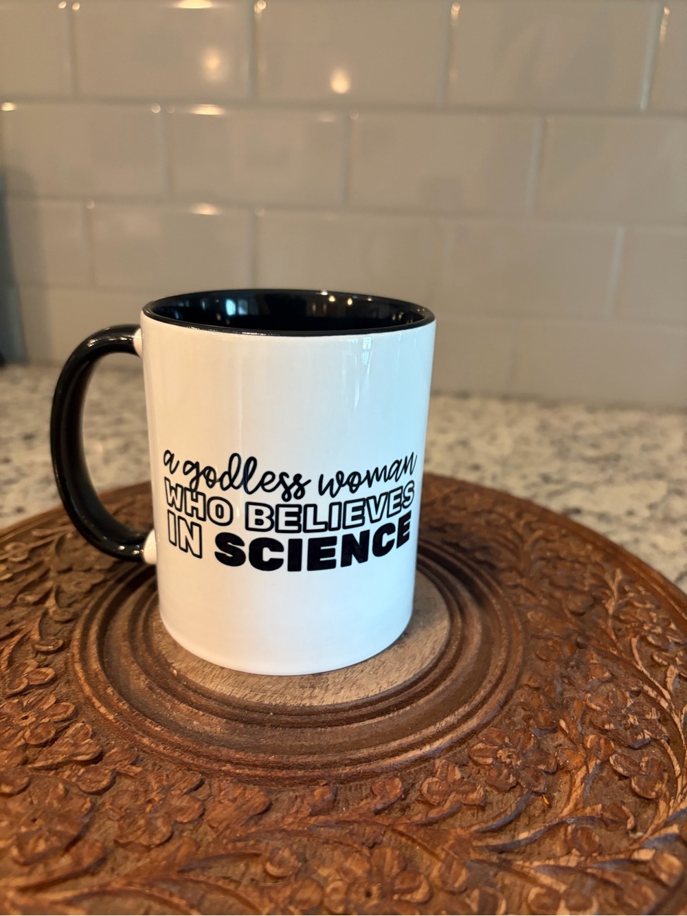 White and Black Ceramic Mug - "A Godless Woman Who Believes in Science"